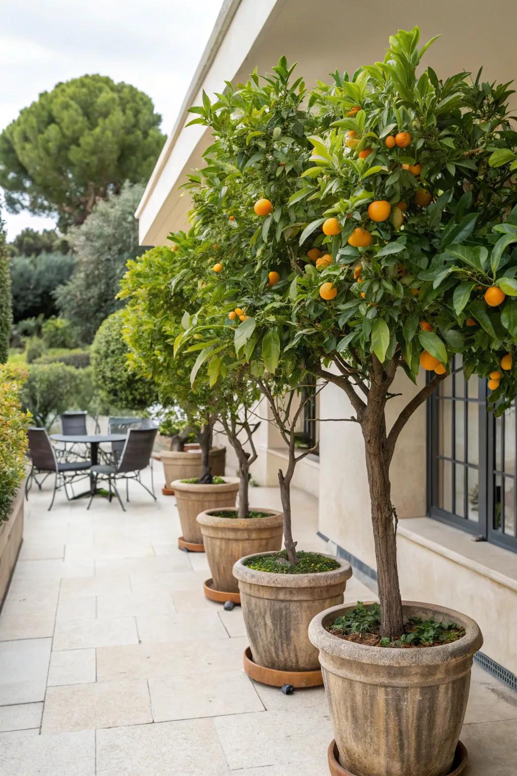 Enjoy beauty and bounty with potted sun kissed trees.