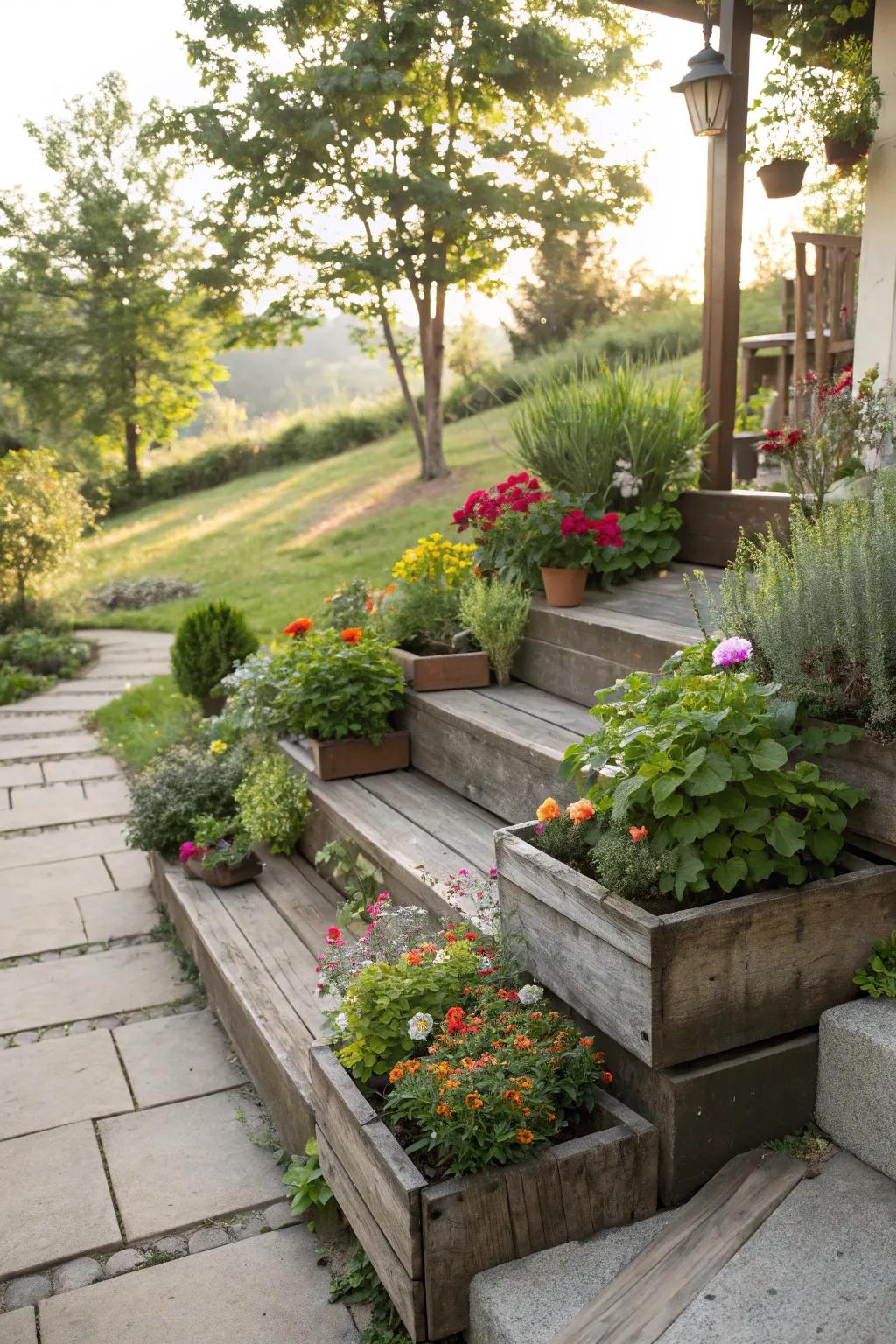 Greens add life and color to patio steps.