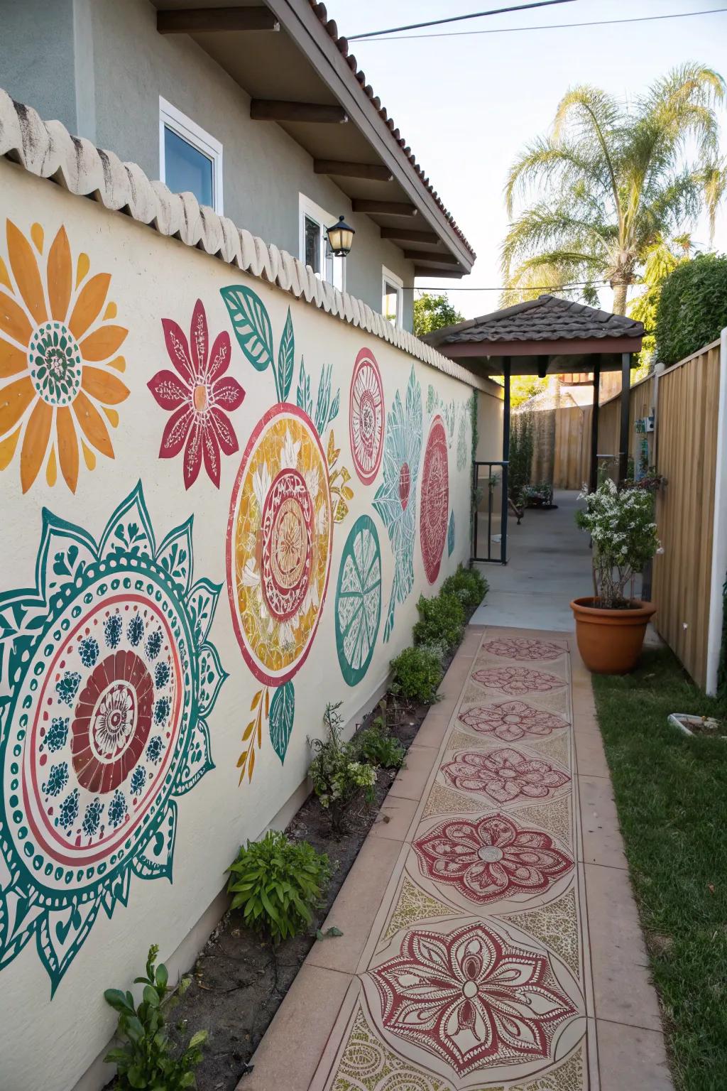 Artistic wall stickers infuse dynamic patterns and color into the patio.