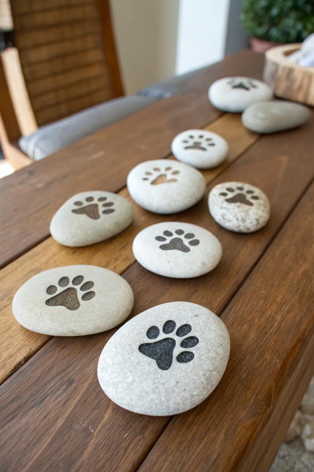 Engraved pocket stones showing pet paw prints.