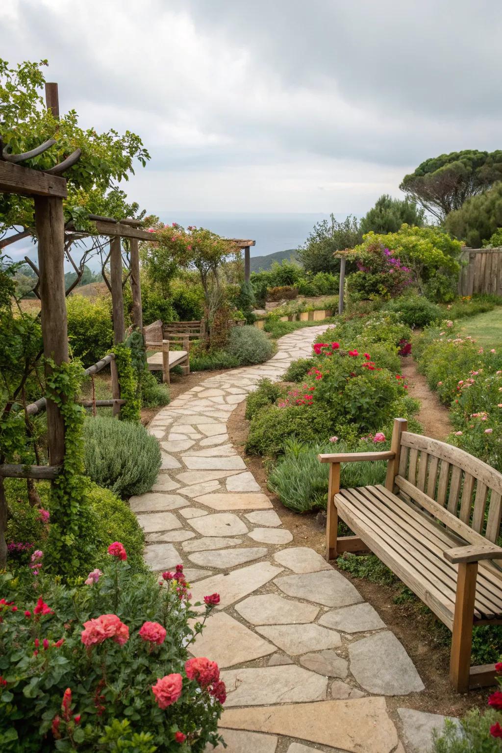 Natural elements blend seamlessly into the garden setting.