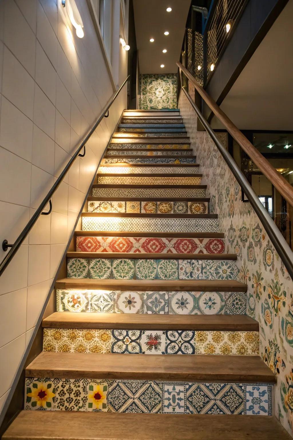 Infuse style into your staircase with patterned wallpaper risers.