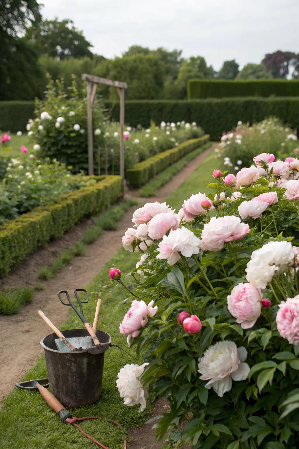 A peony cutting garden providing fresh blooms for indoors.