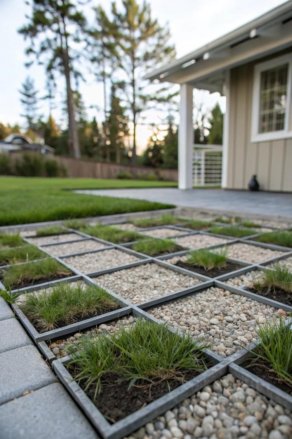 Plastic grids packed with crushed stone and turf deliver steadiness and permeability.