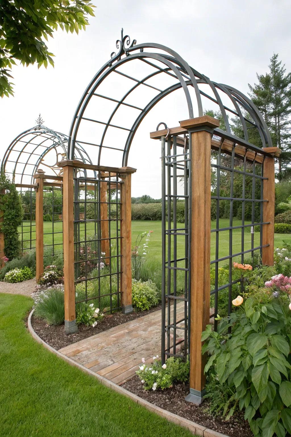 A blend of metal and wood creates a striking arbor design.