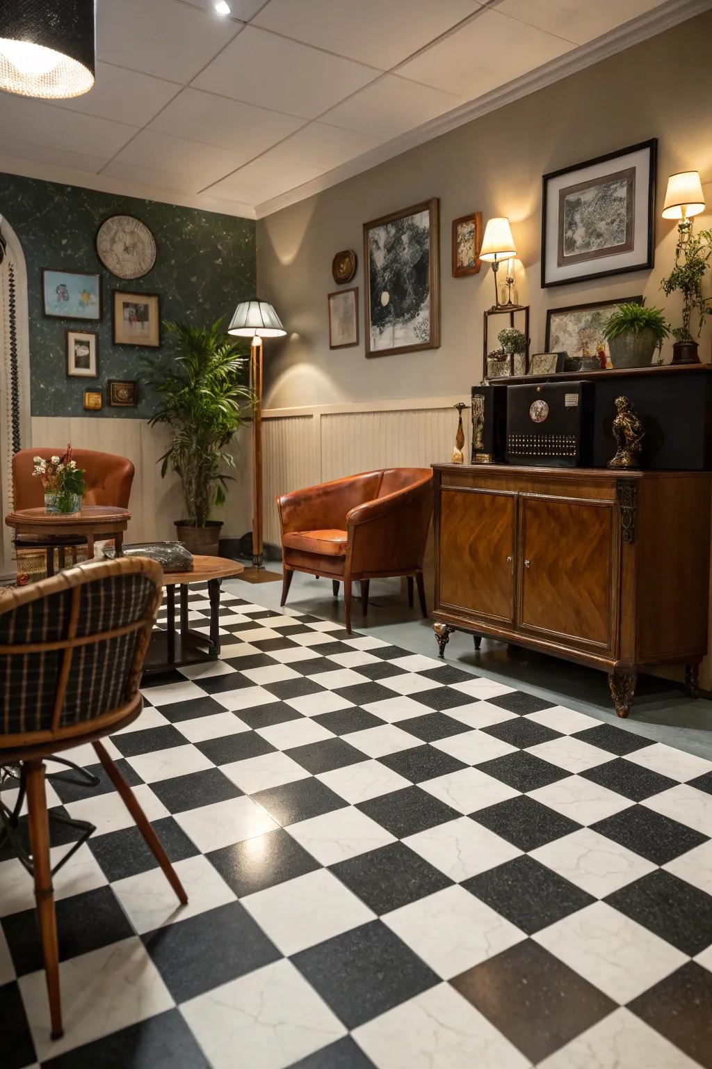 Squares tiles provide an iconic vintage ambiance.