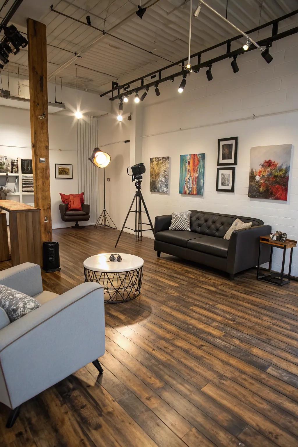 Applied floors mimic real wood for a cozy and welcoming look.