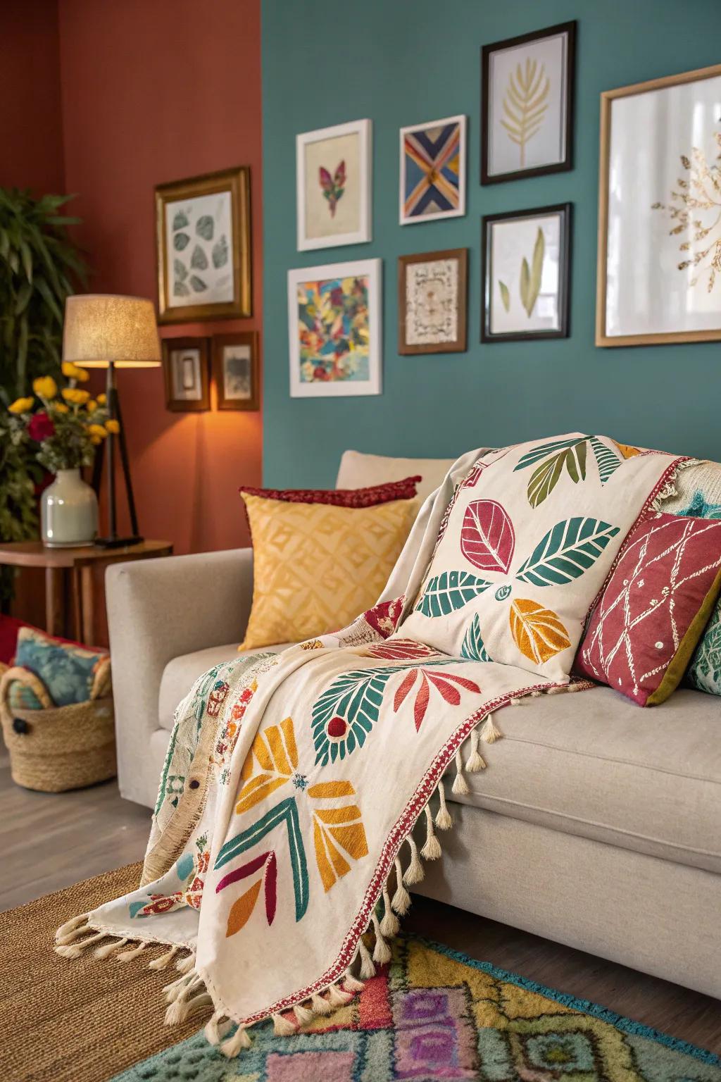 An artful configuration of a throw on a sofa, producing a distinctive visual attraction.