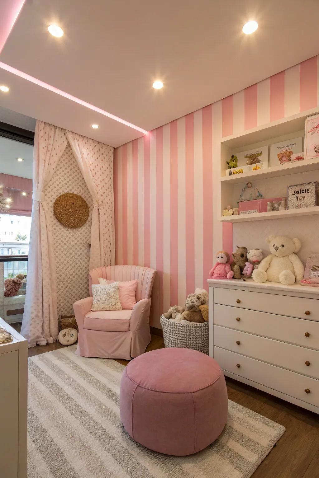 A nursery featuring sophisticated pink lines that introduce a playful rhythm.