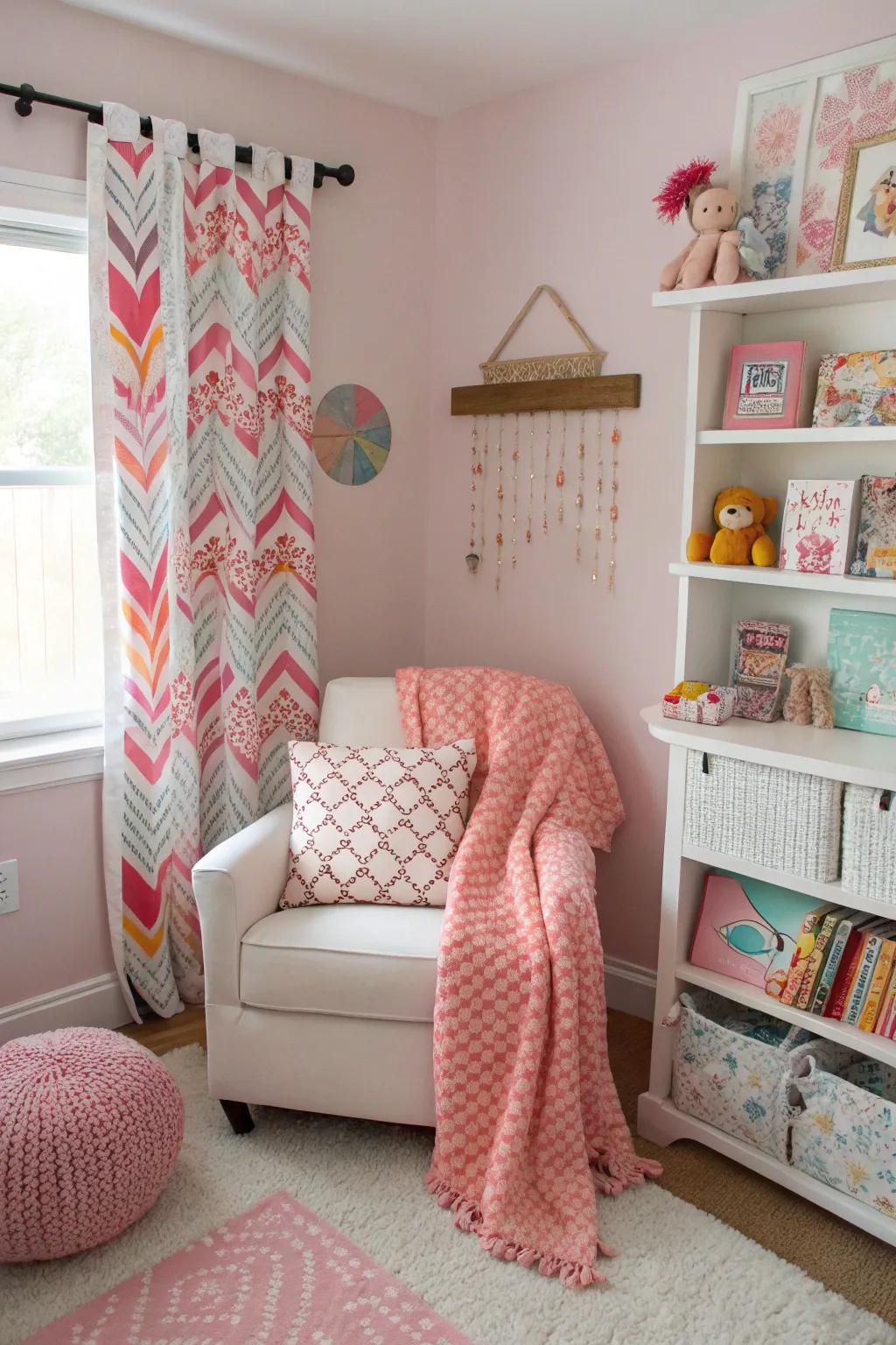A varied mix of patterns brings visual intrigue to the nursery.