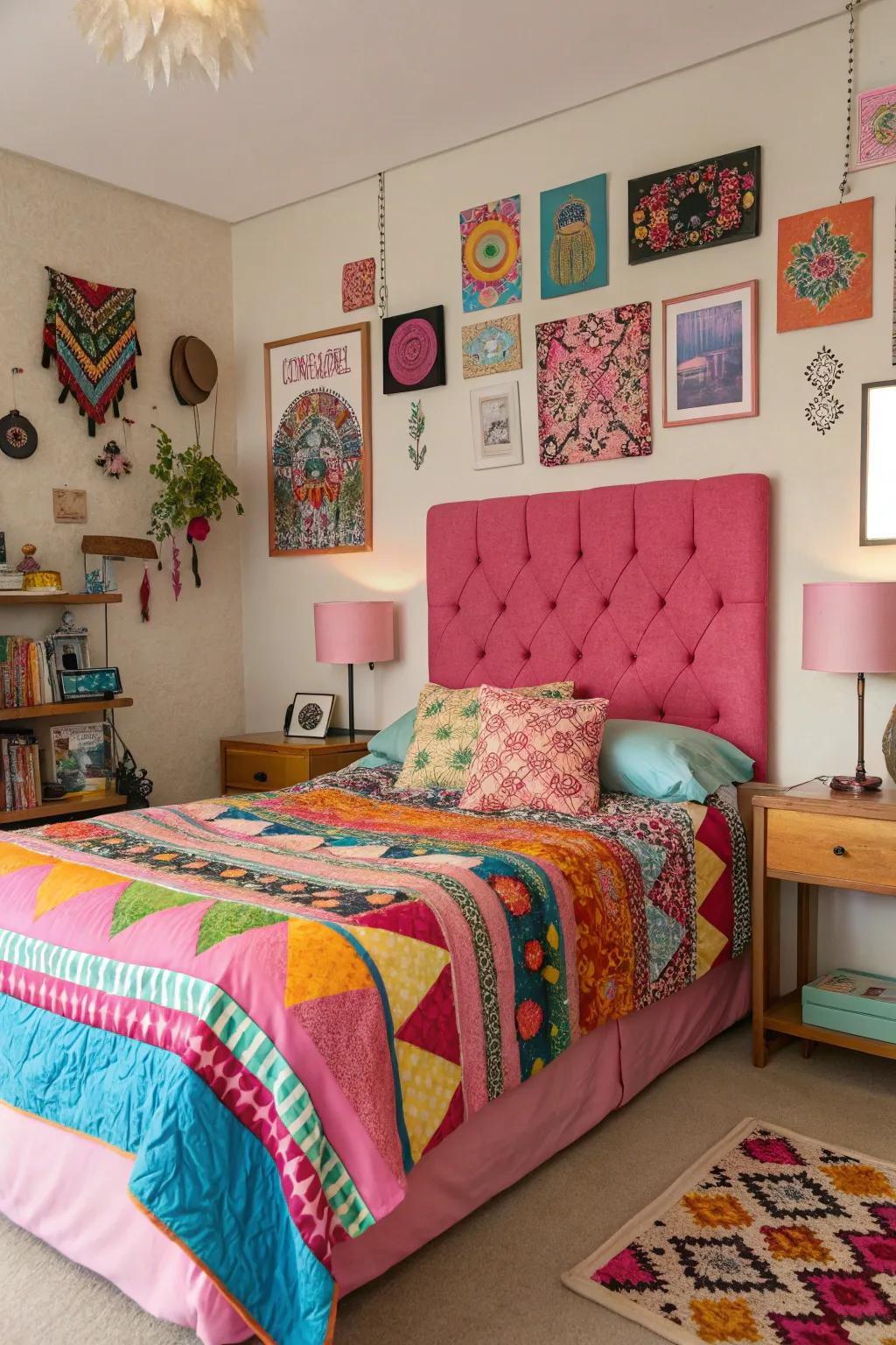 A creative and lively bedroom with an eclectic patchwork pink headboard.