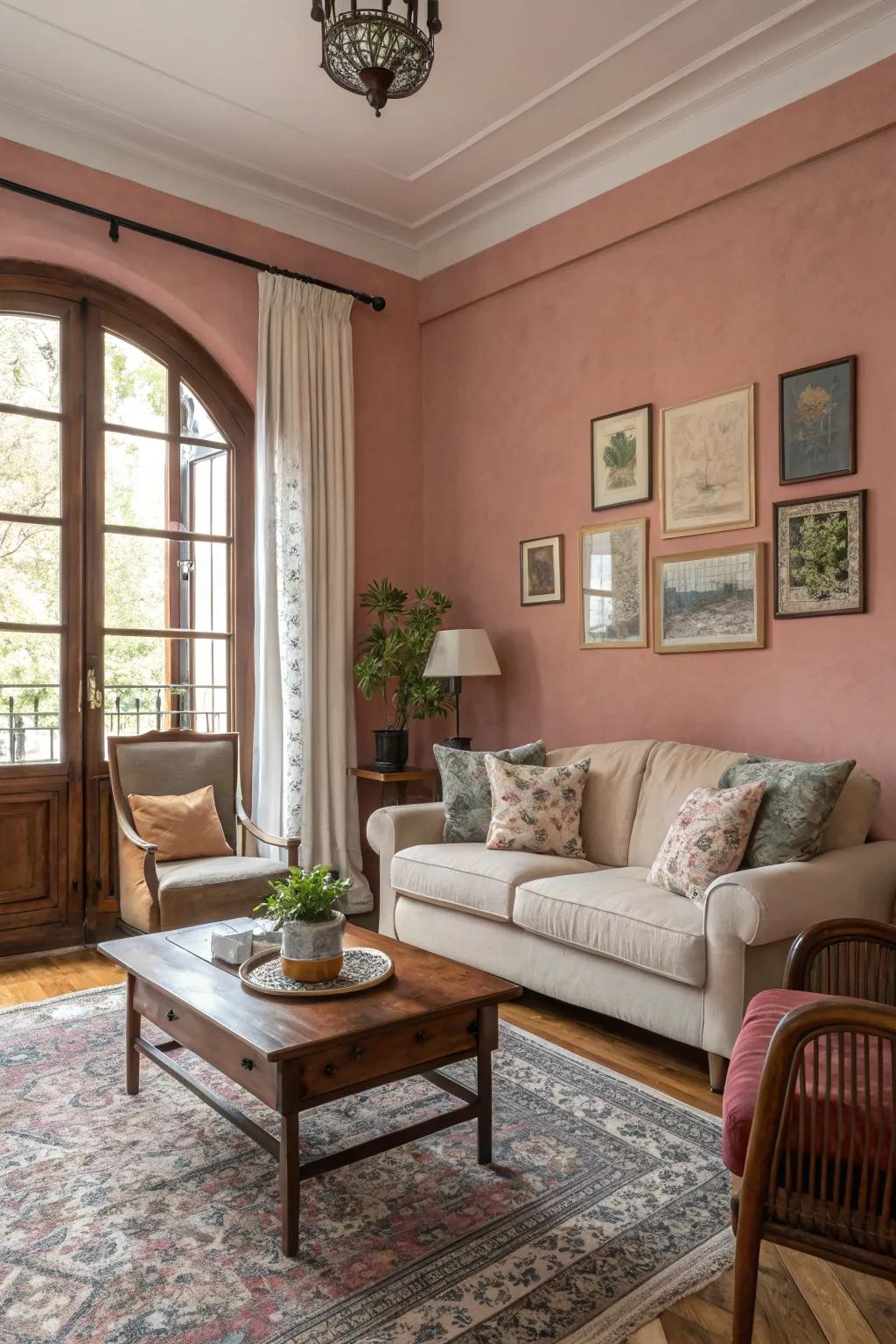 Dusty pink provides a subtle and sophisticated backdrop.