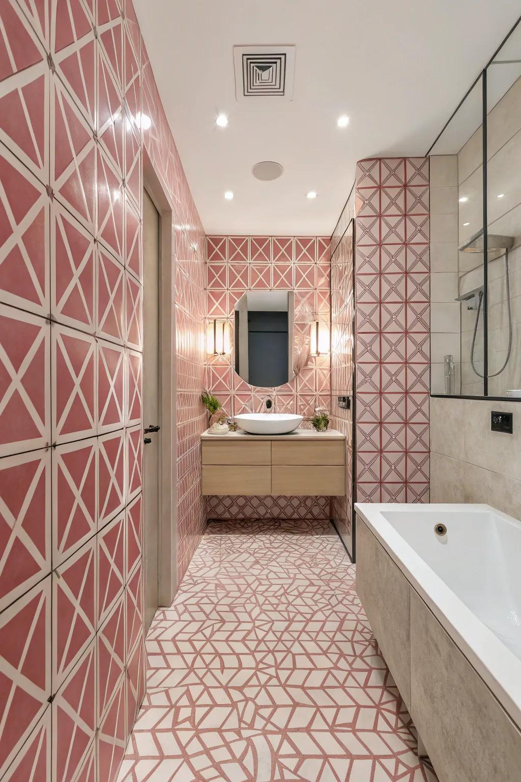 Geometric rose-tinted tiles adding a modern touch to the bathroom.