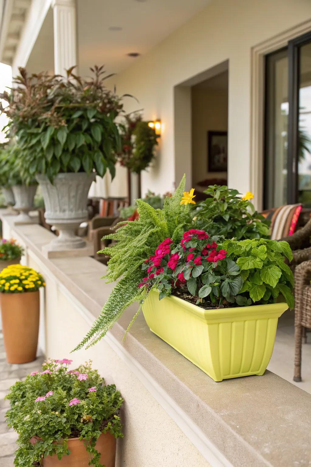 A vibrant container introduces an unexpected highlight of color onto this greenery ledge.