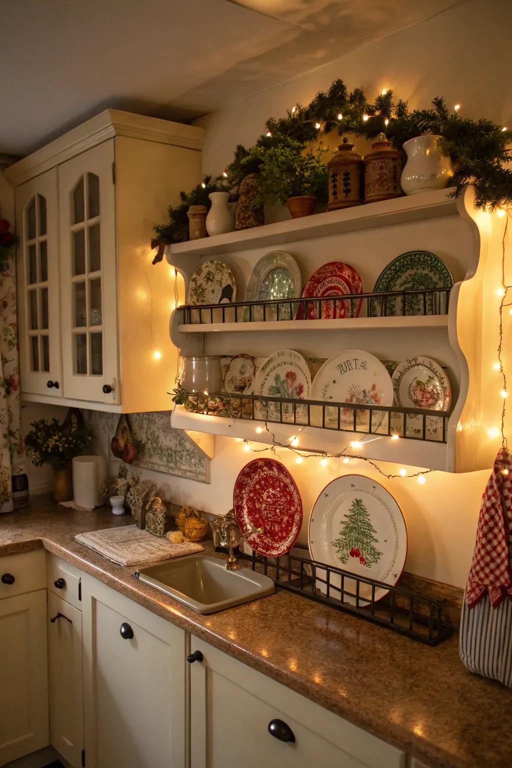 A cozy kitchen with a seasonal plate rail display