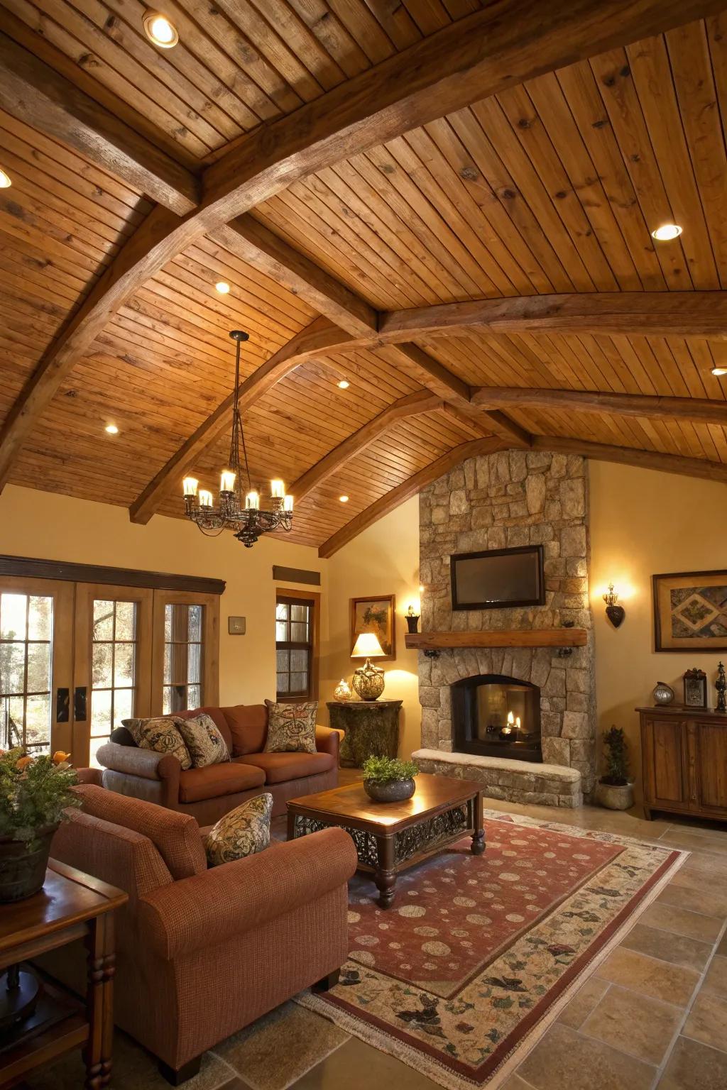 An all-natural timber finish on a plywood ceiling, infusing warmth and elegance.