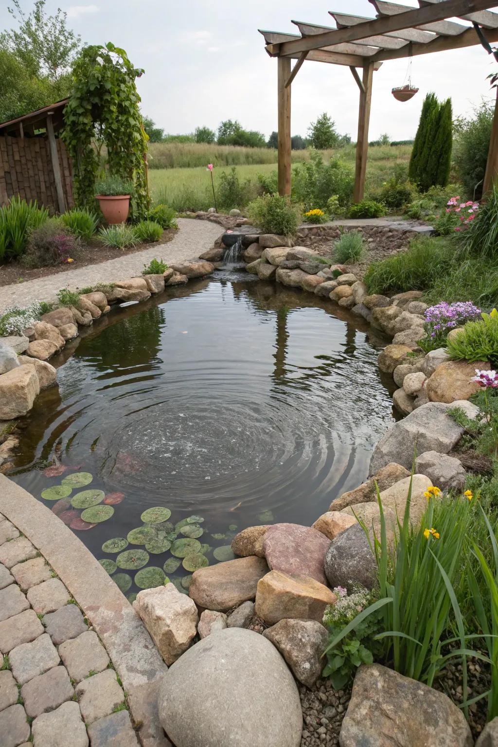 A rustic natural pond without a liner in a backyard garden.