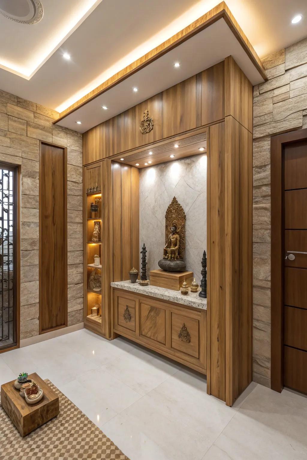 Natural materials such as wood and stone enhance this eco-friendly pooja room.