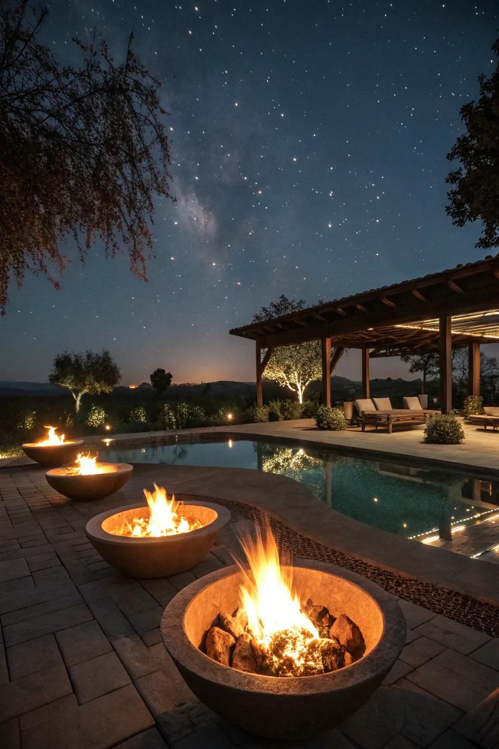 Fire bowls enrich the poolside experience with drama and warmth.
