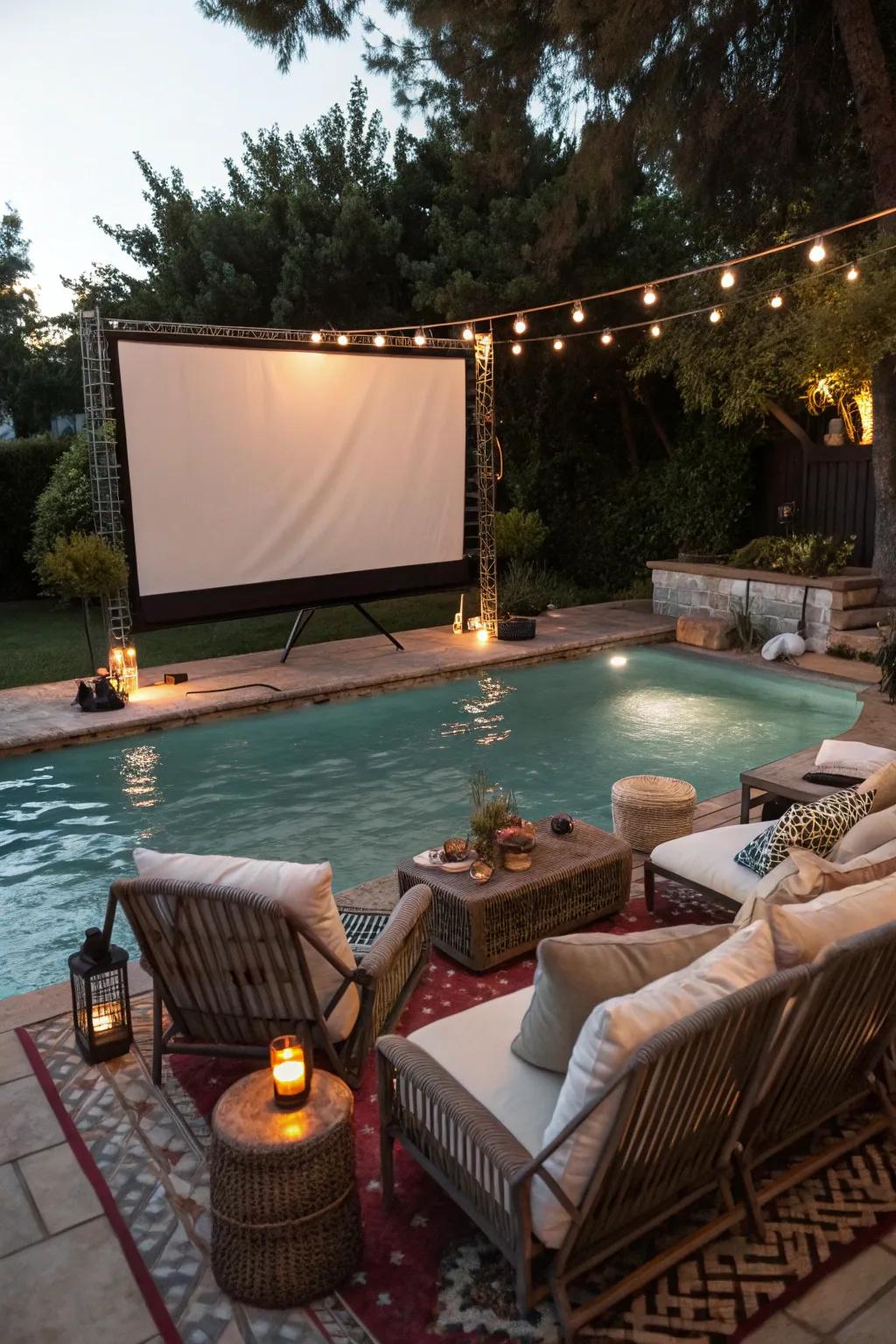 A poolside movie night introduces entertainment under the celestial canopy.