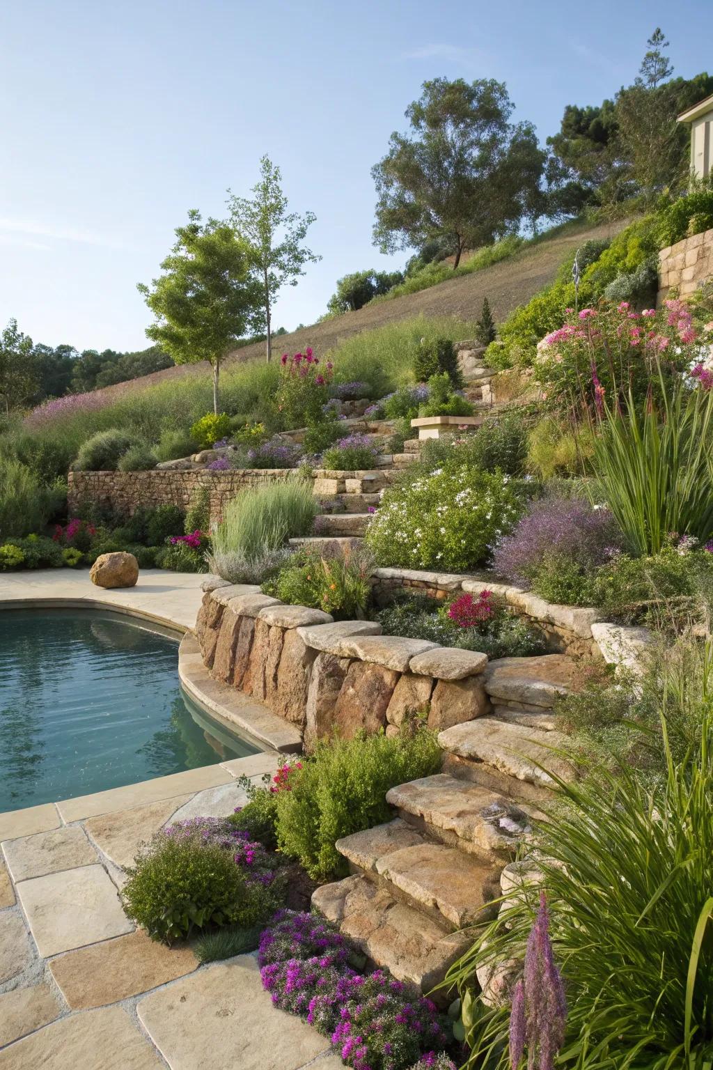 Terraced gardens add depth and richness to your pool area.