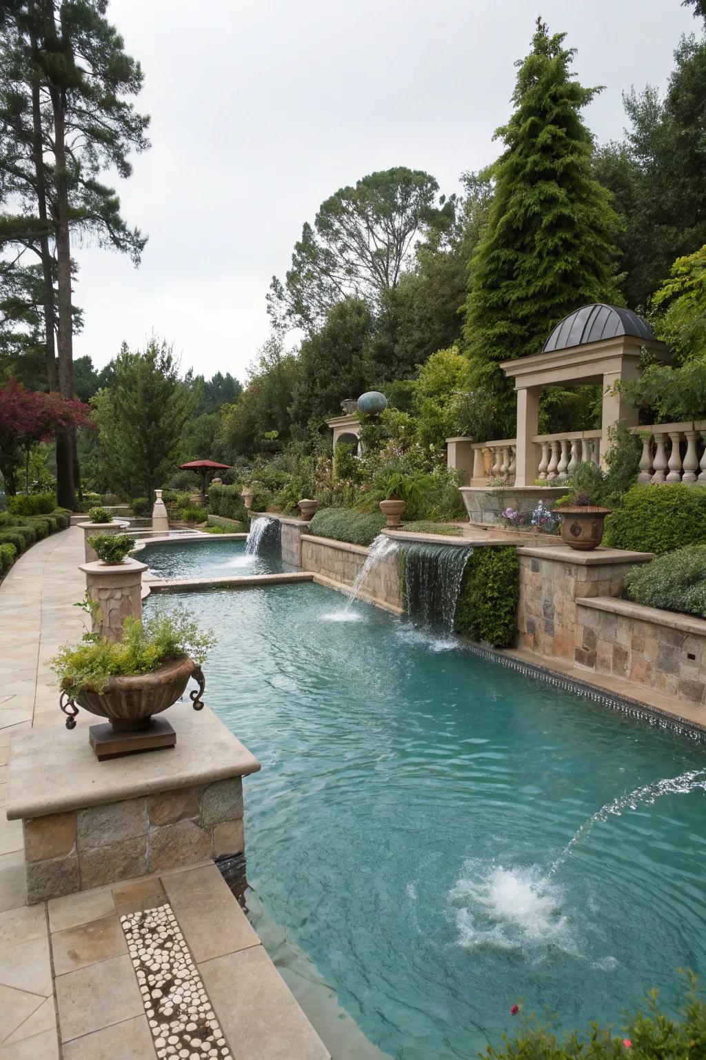 Water features add beauty and peace to pool areas.