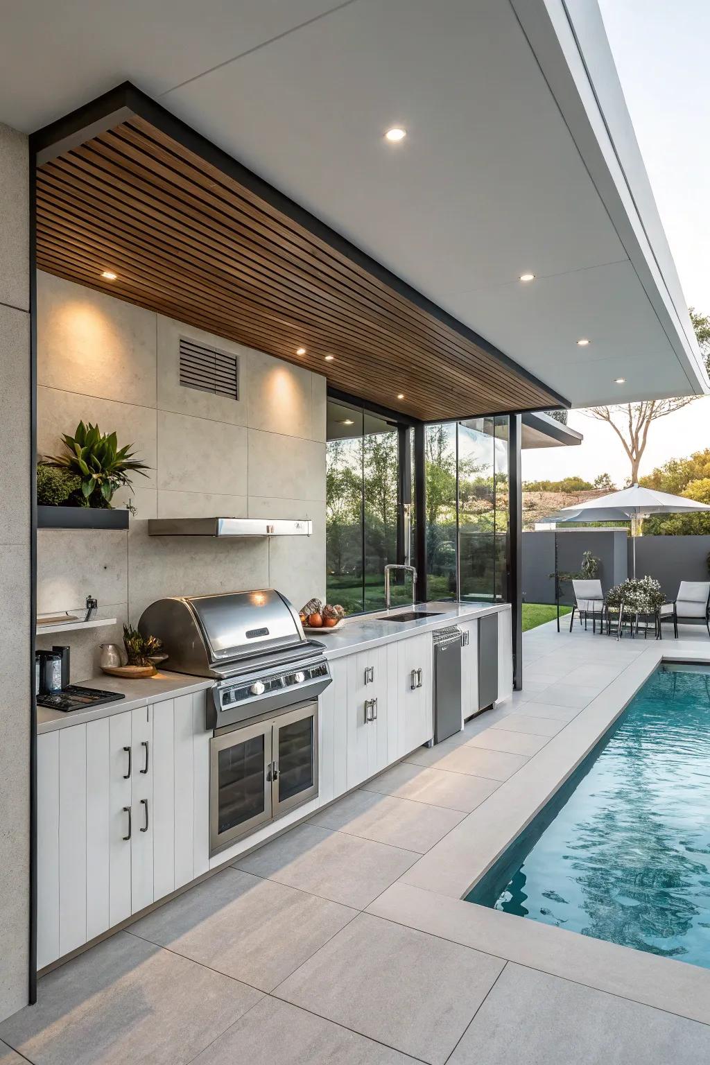 An integrated cooktop is perfect for poolside barbecues.