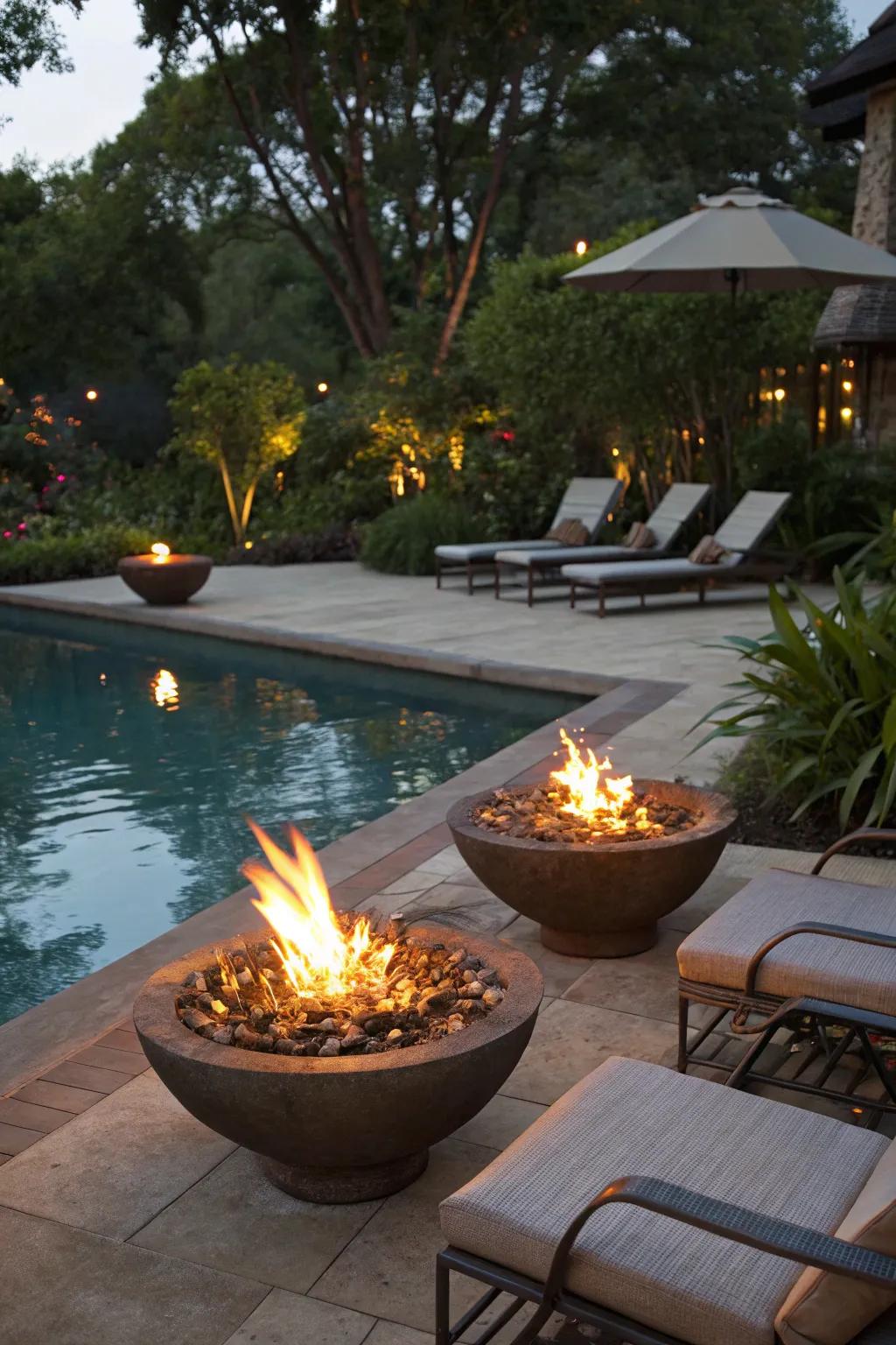 Fire bowls add warmth and drama to your poolside.