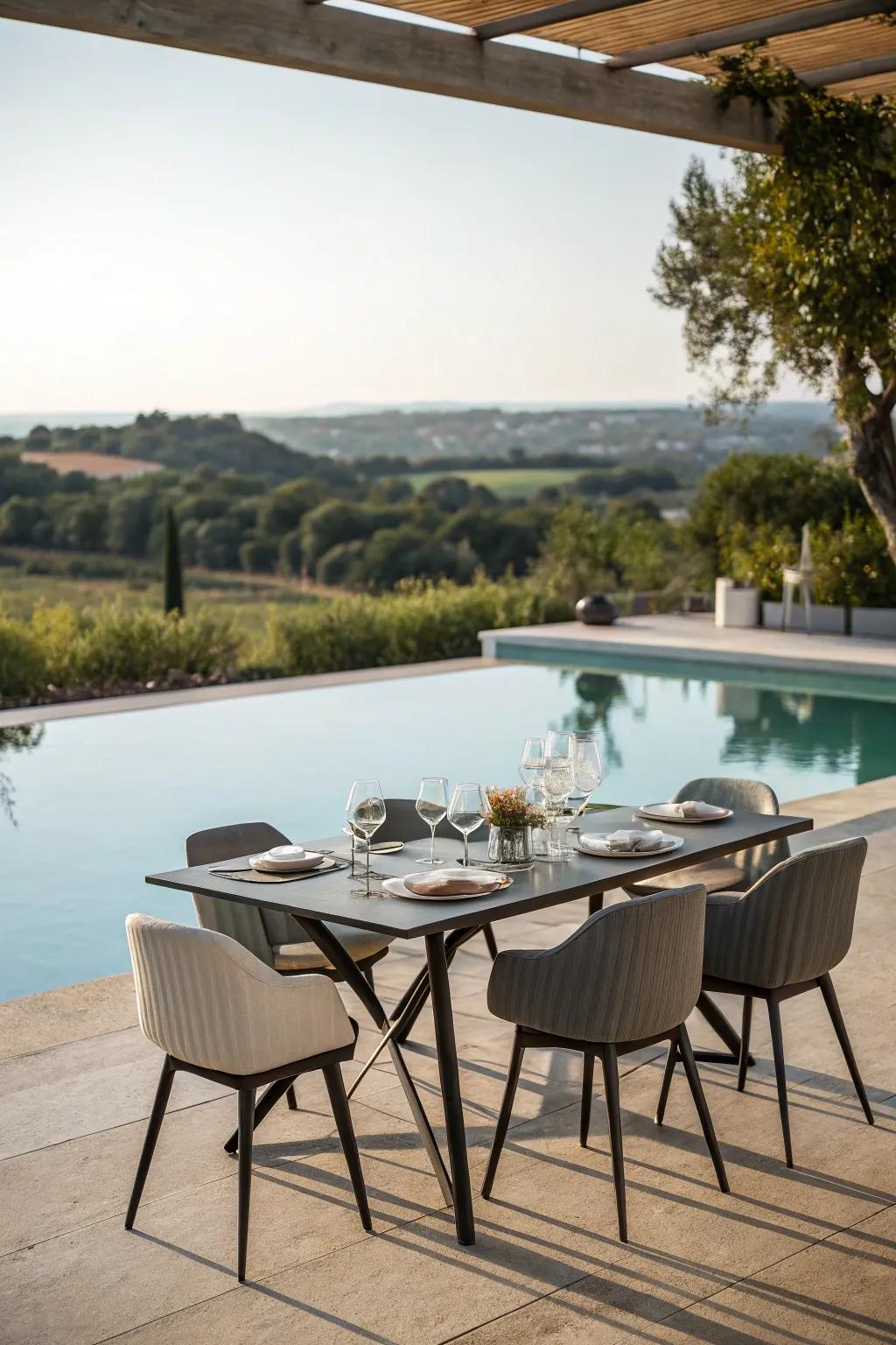 Enjoy meals by the pool with a stylish and sturdy dining setup.