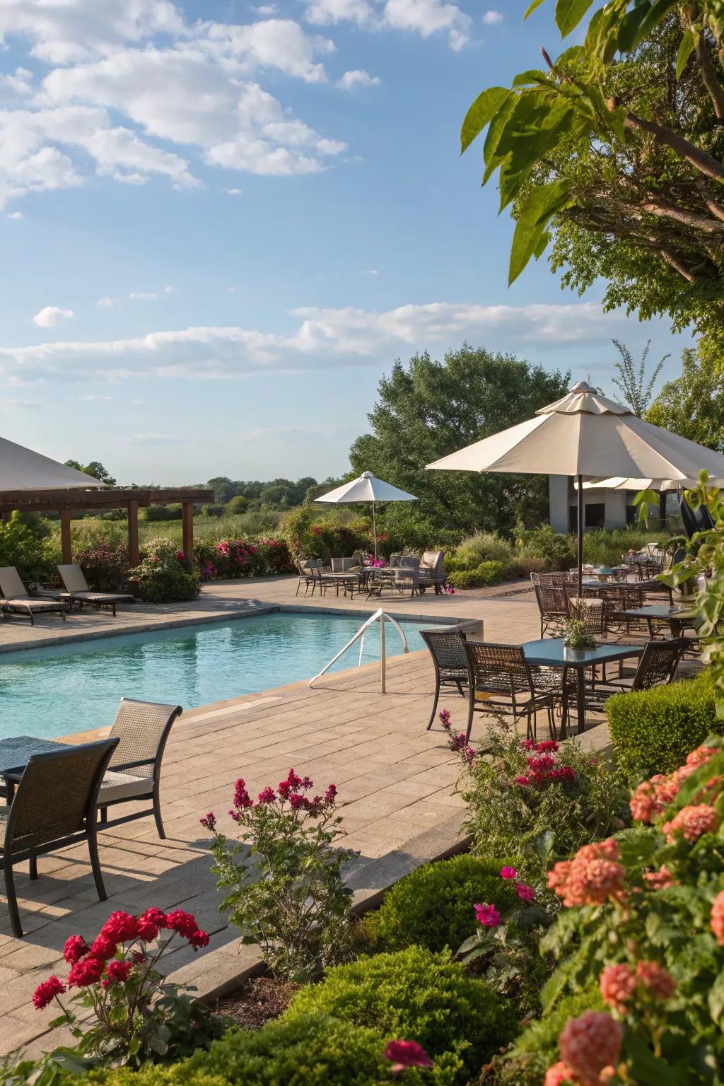 Multiple shade areas provide versatility for various poolside activities.