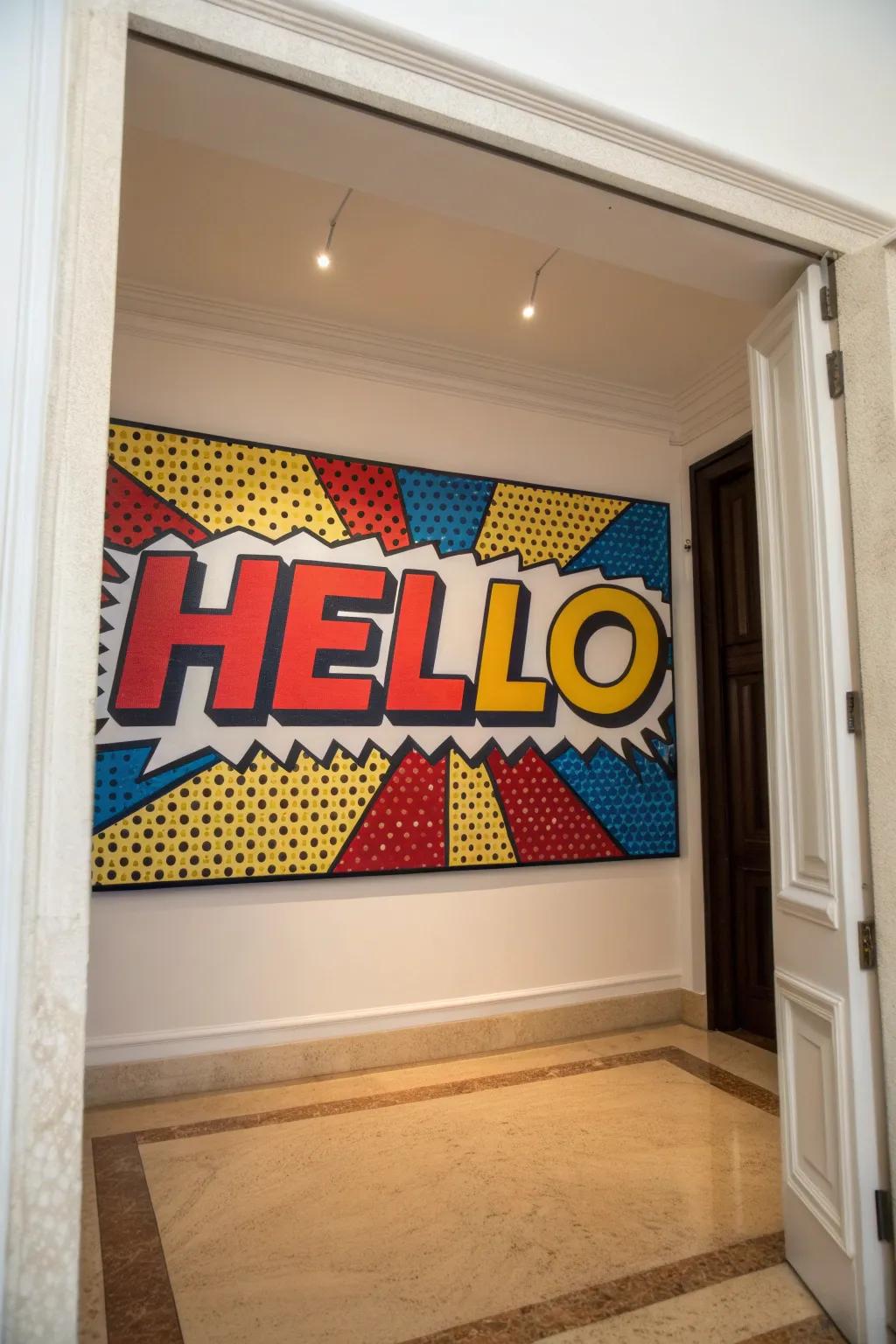 A welcoming pop art painting featuring bold text in an entryway.