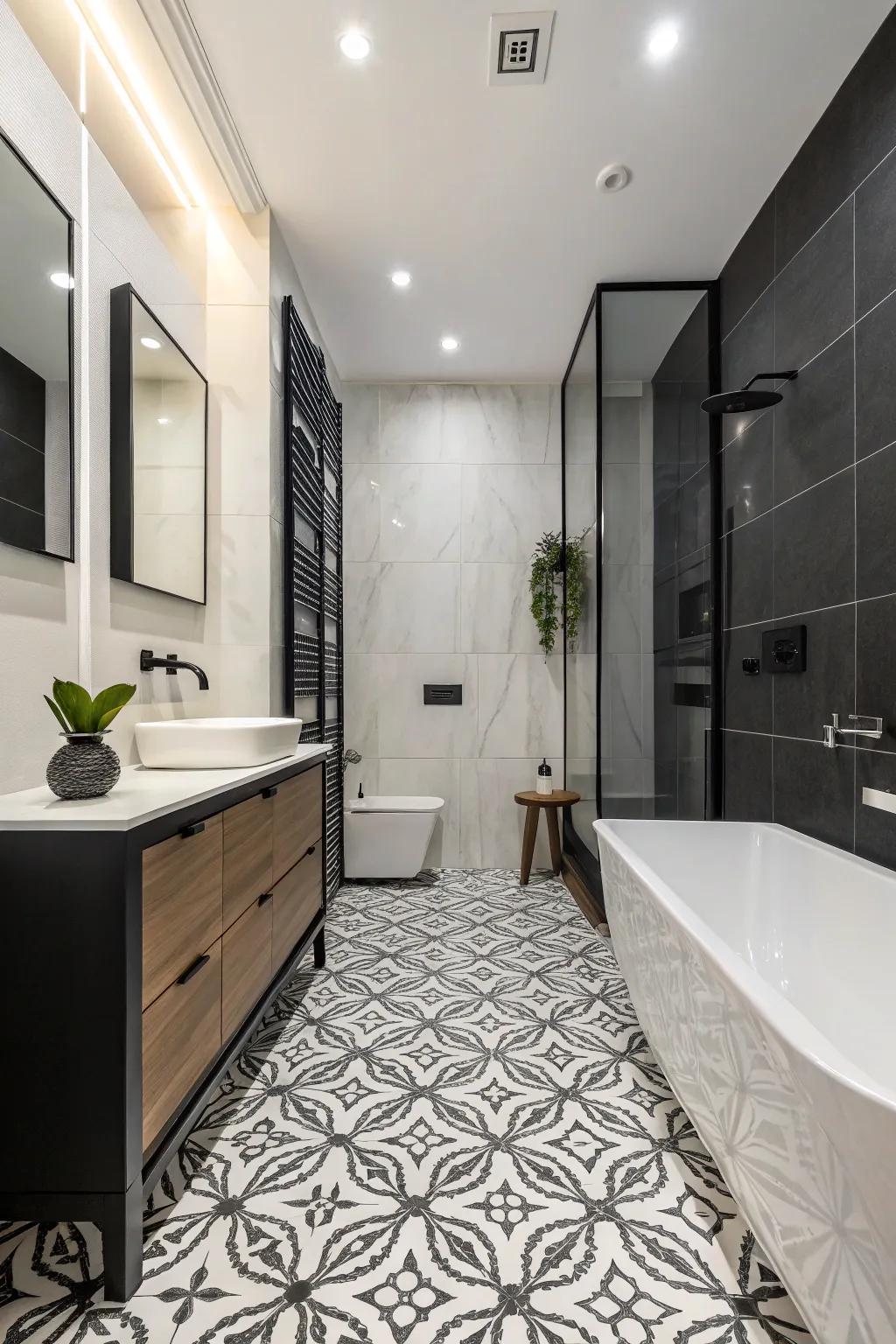 High contrast black and white tiles create a daring, eternal statement in this bathroom.