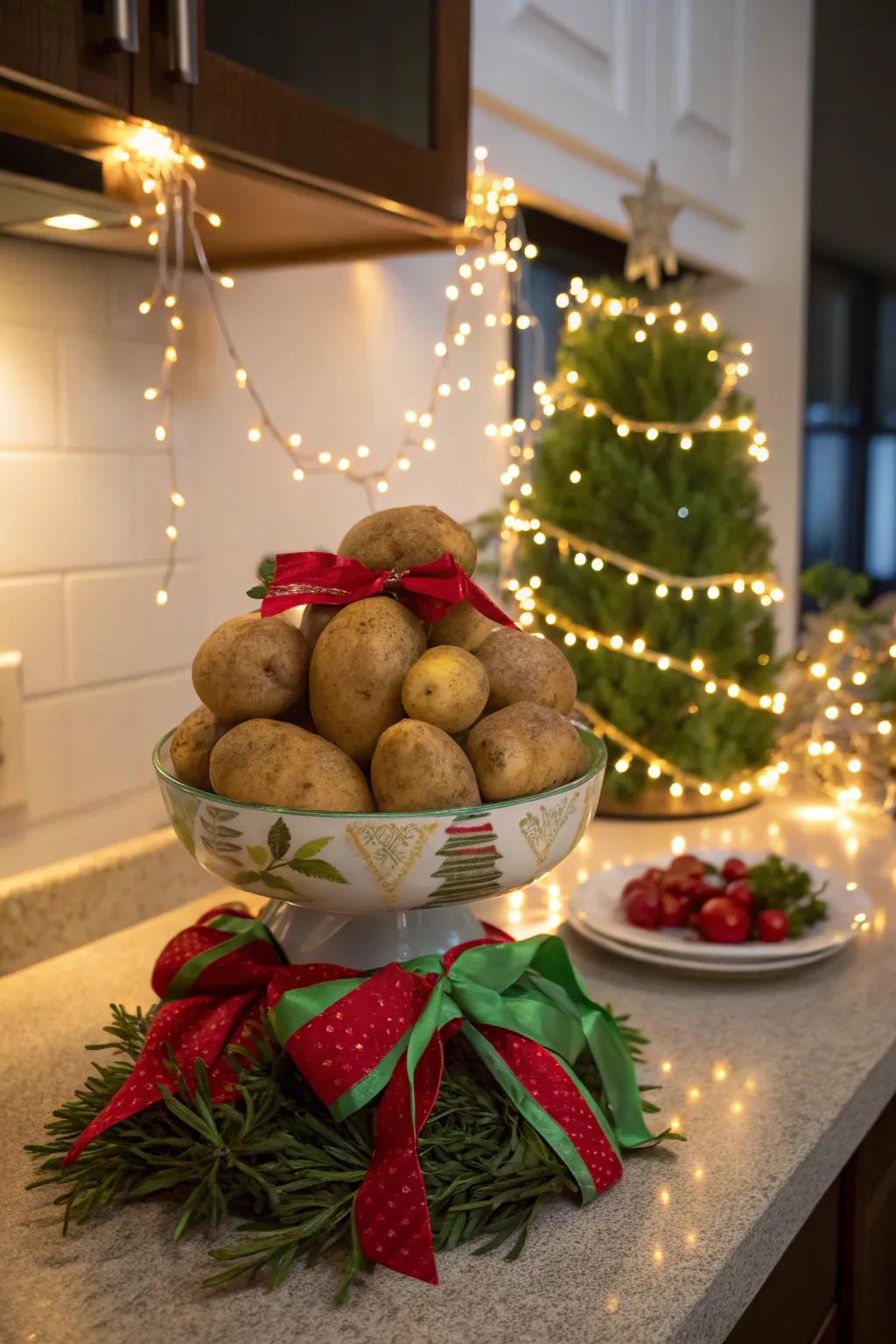 A festive potato display for the holidays.
