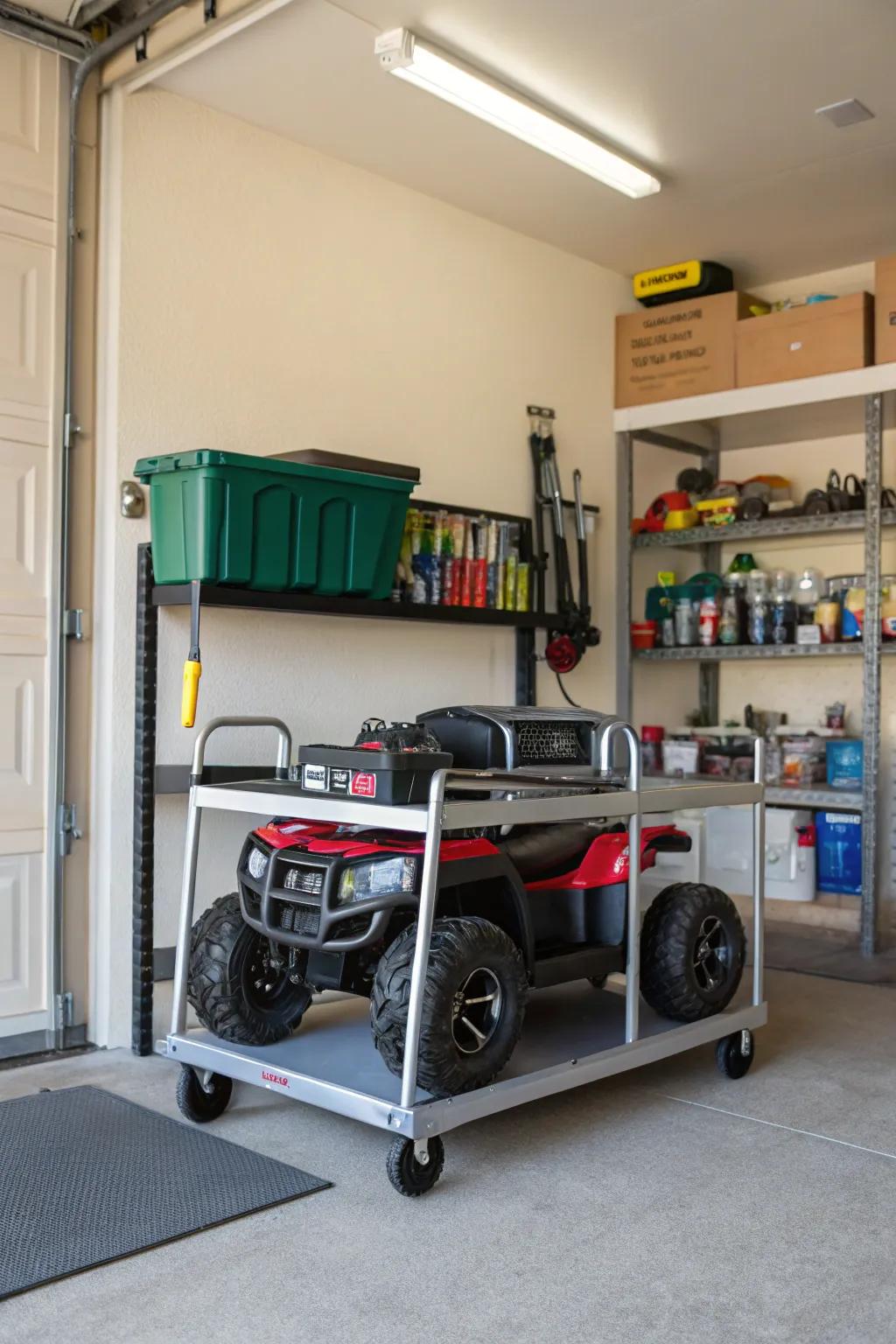 Mobile cart providing flexible storage for electric ride-ons.
