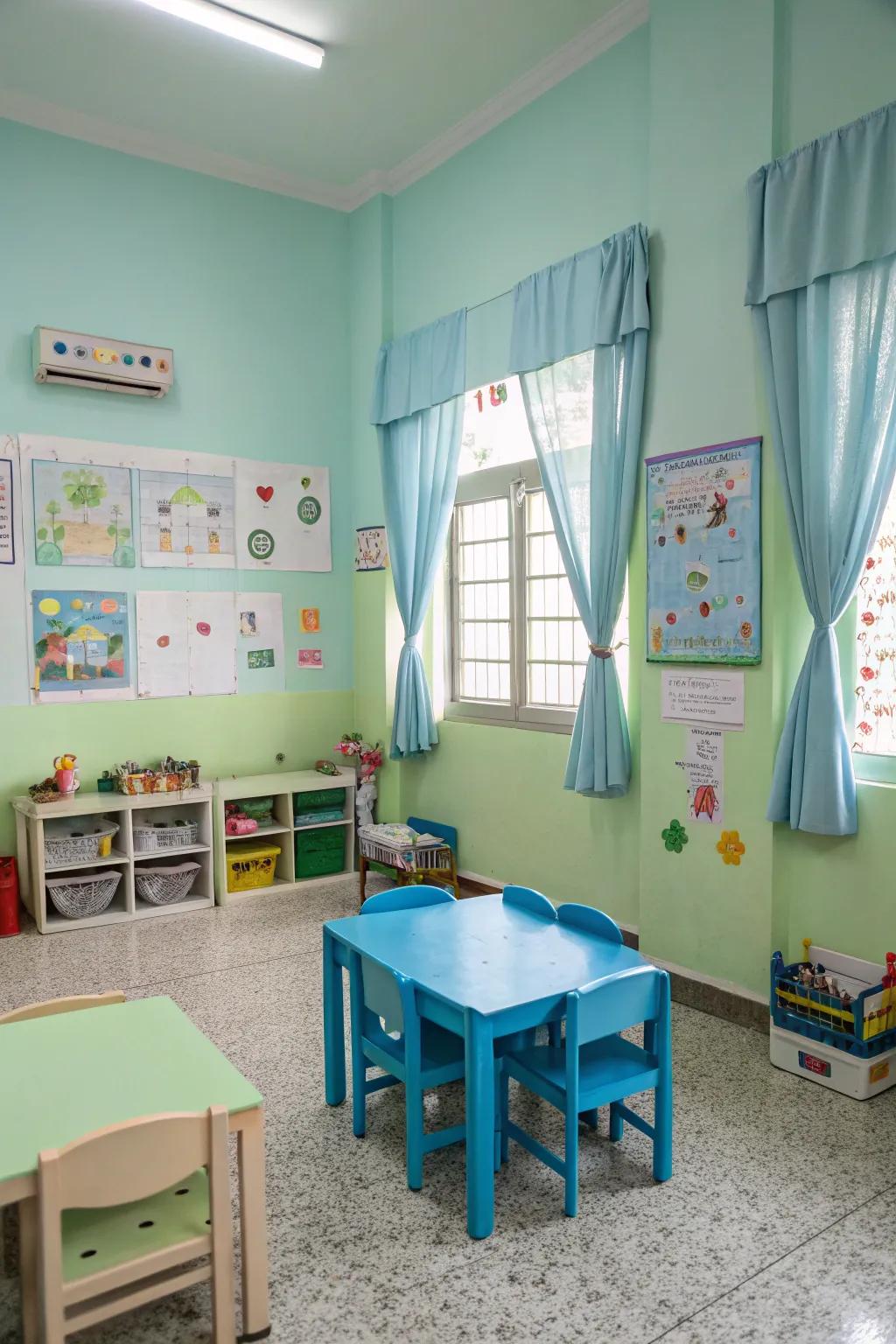 A calming environment using gentle blues and greens.