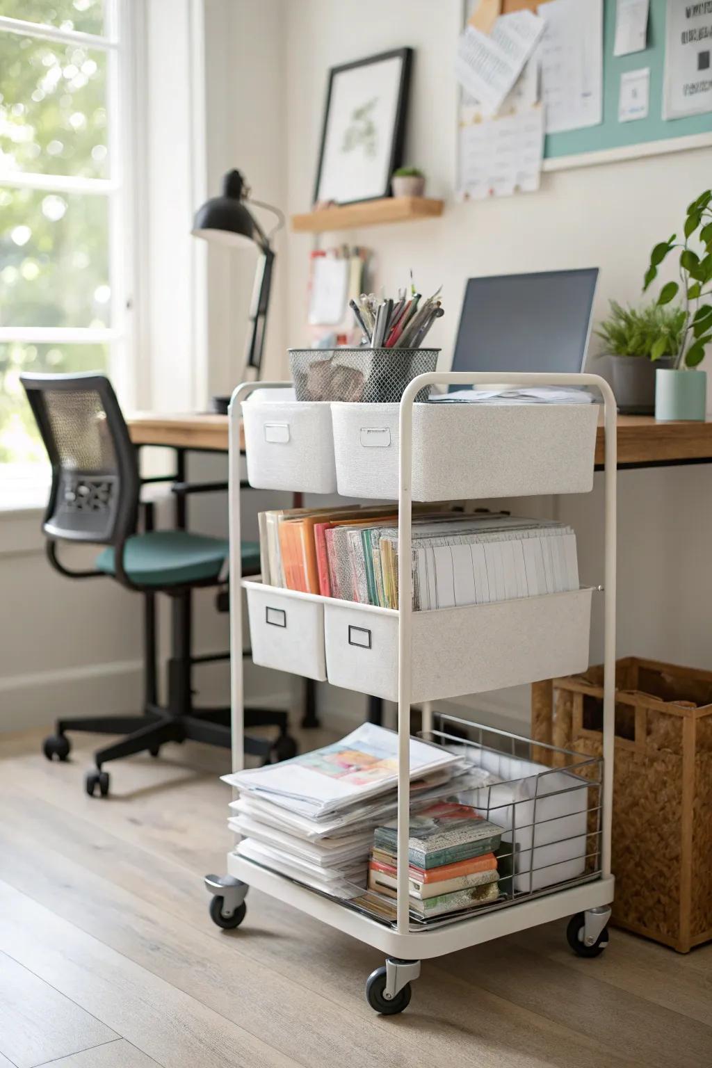Rolling utility cart for flexible and mobile paper storage.