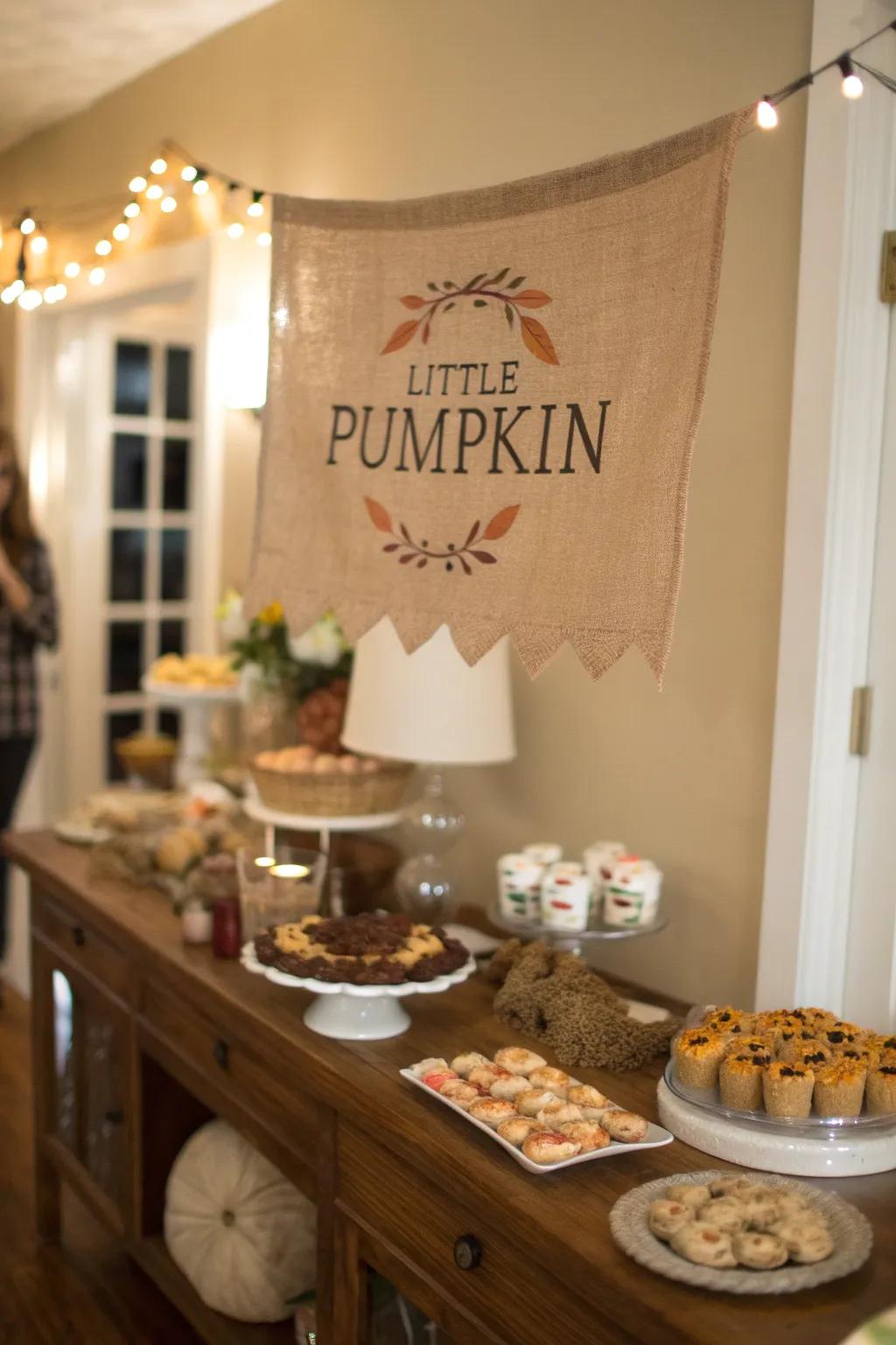 A countryside 'Little Pumpkin' banner suspended above the dessert display.