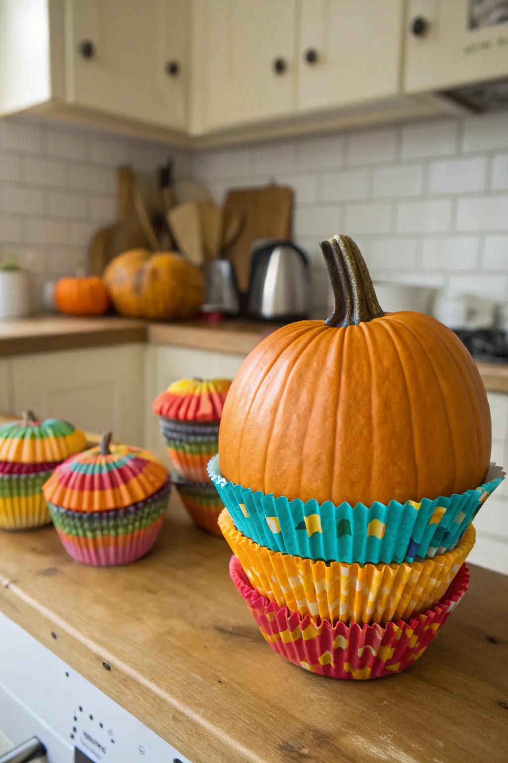 Pastry liners create a playful and patterned pumpkin design.