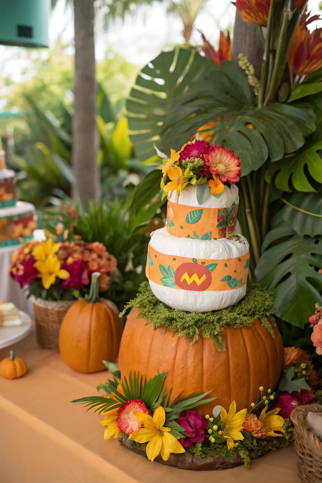 Tropical gourd diaper creations bring ambiance and sun rays to an autumn theme.