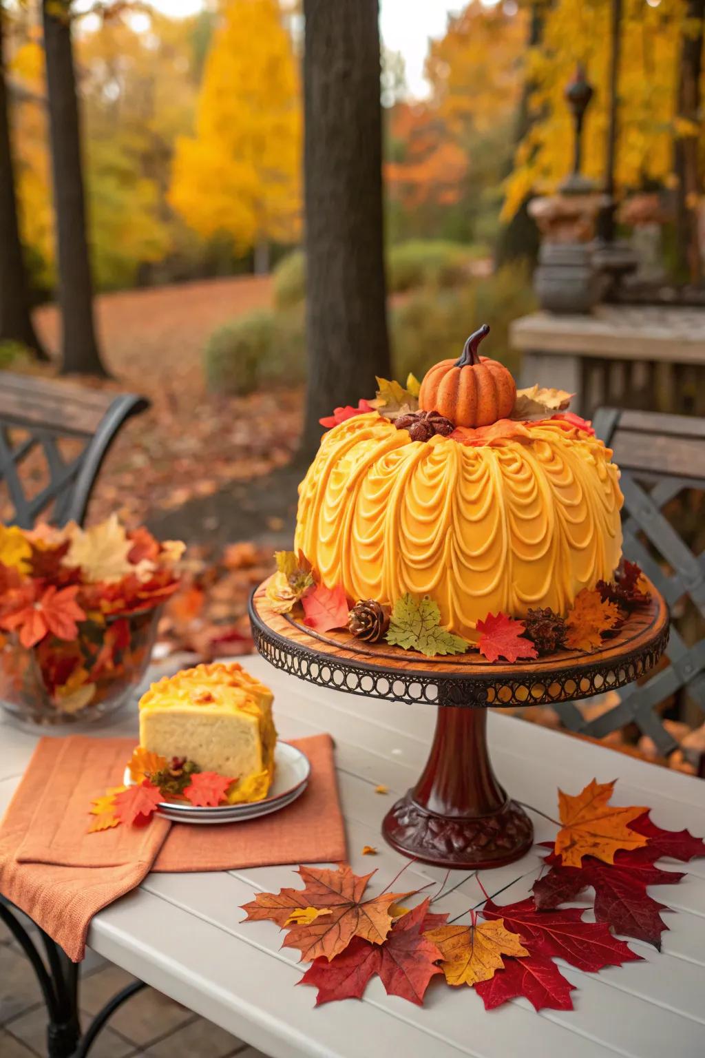 A pumpkin-inspired cake serves as both a treat and decoration.