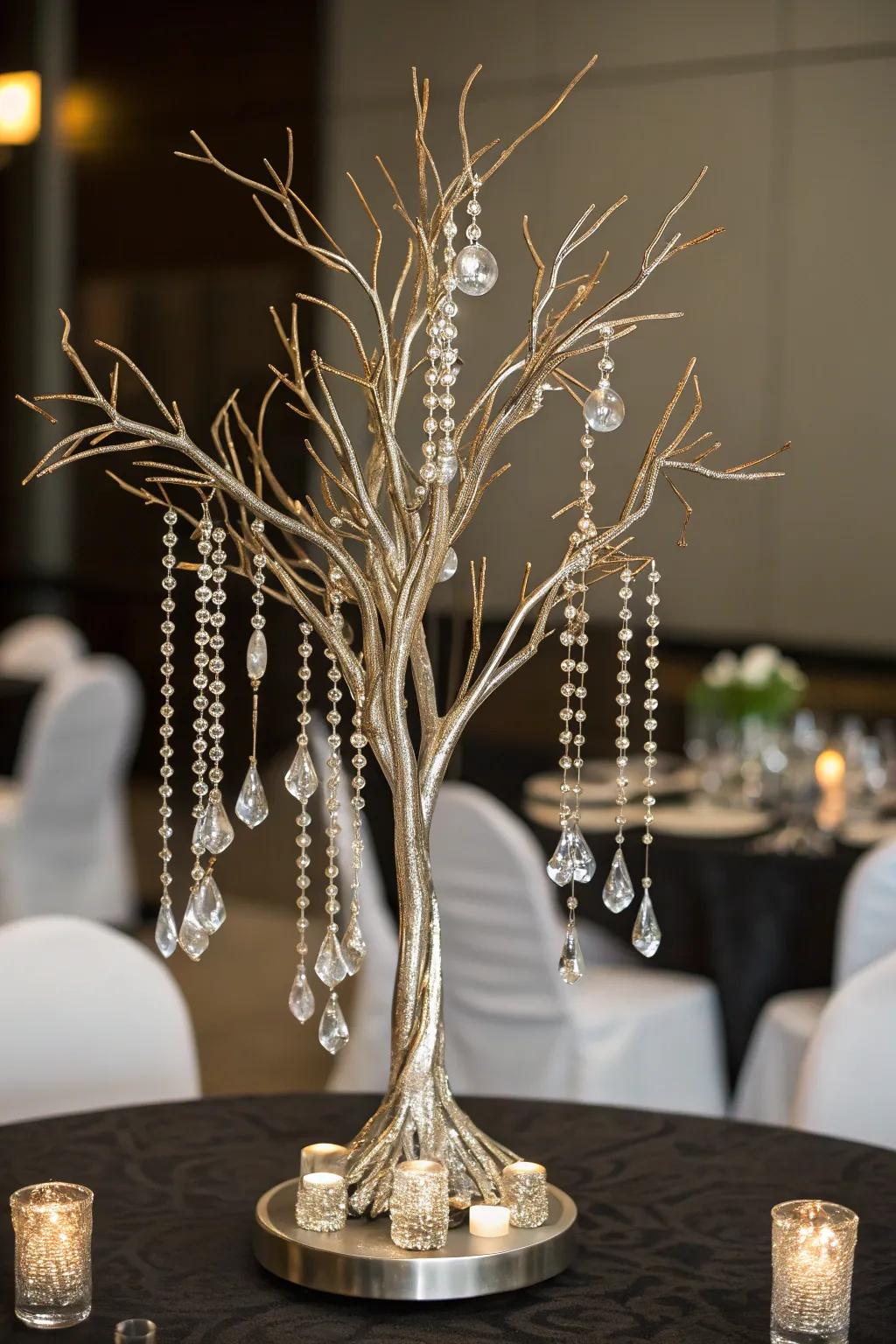Hanging crystals introduce a sparkling and glamorous touch.