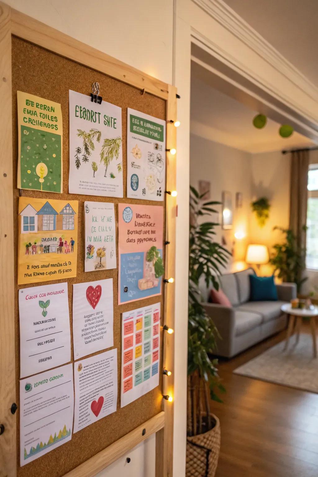 A bulletin board that promotes environmentally conscious living suggestions.