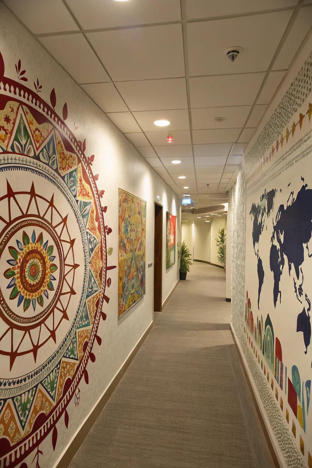 A hallway featuring cultural radial design art.