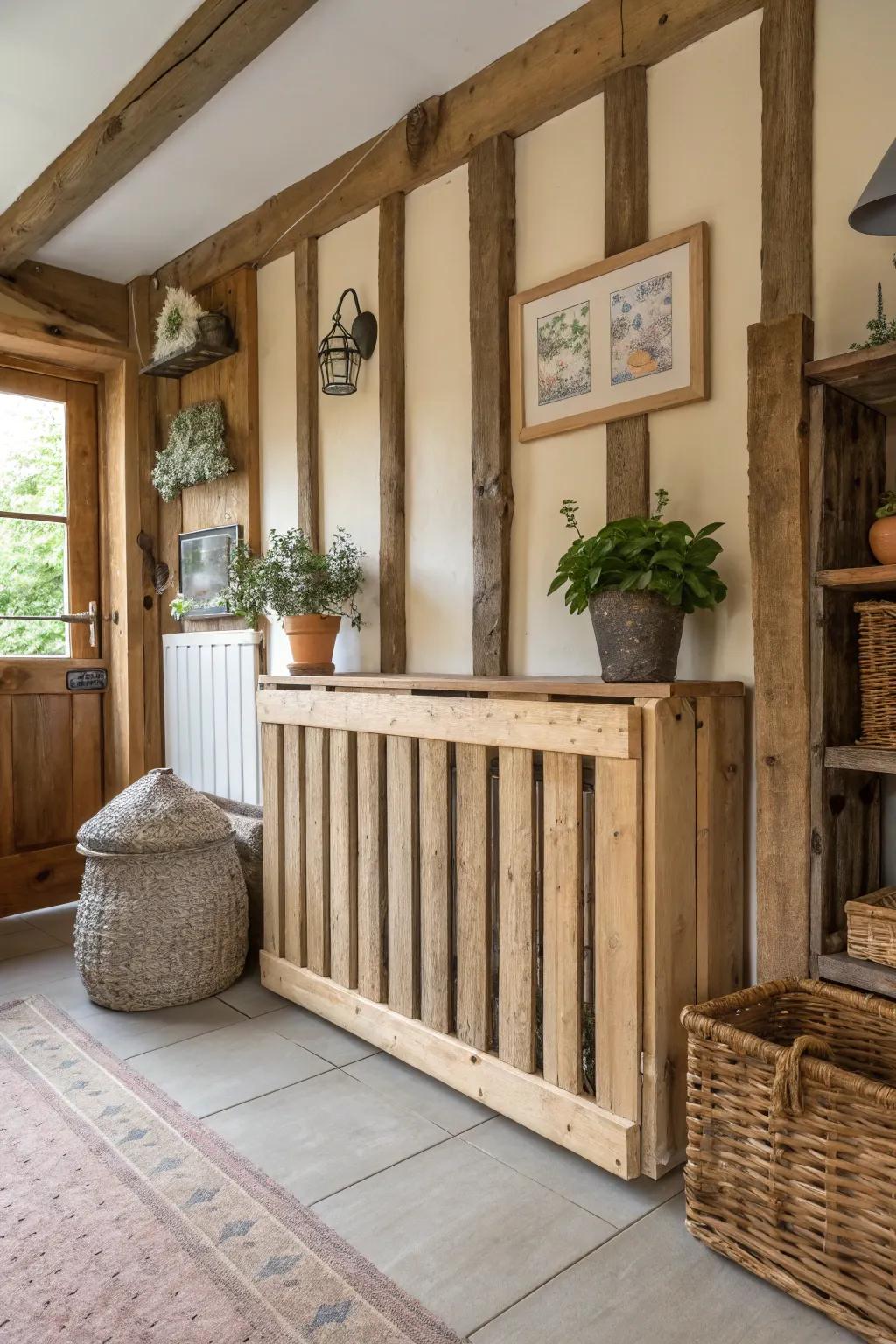 A pallet wood radiator concealment adds rustic charm to a farmhouse-style room.