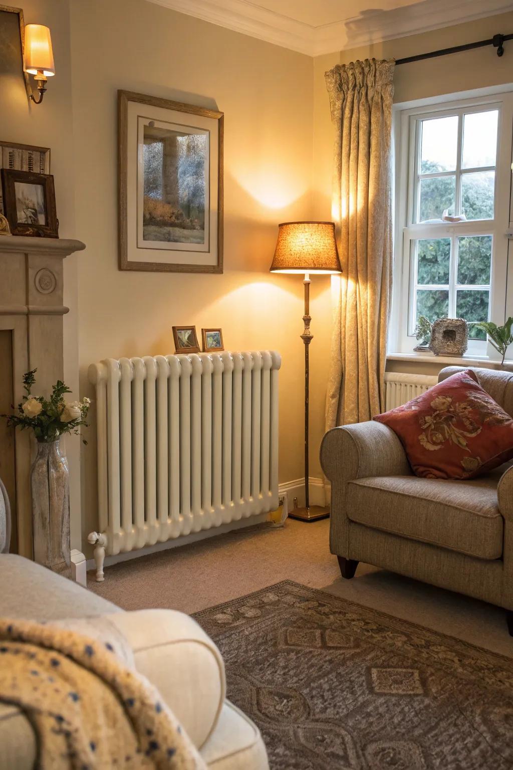 Cream radiators provide relaxed continuity.