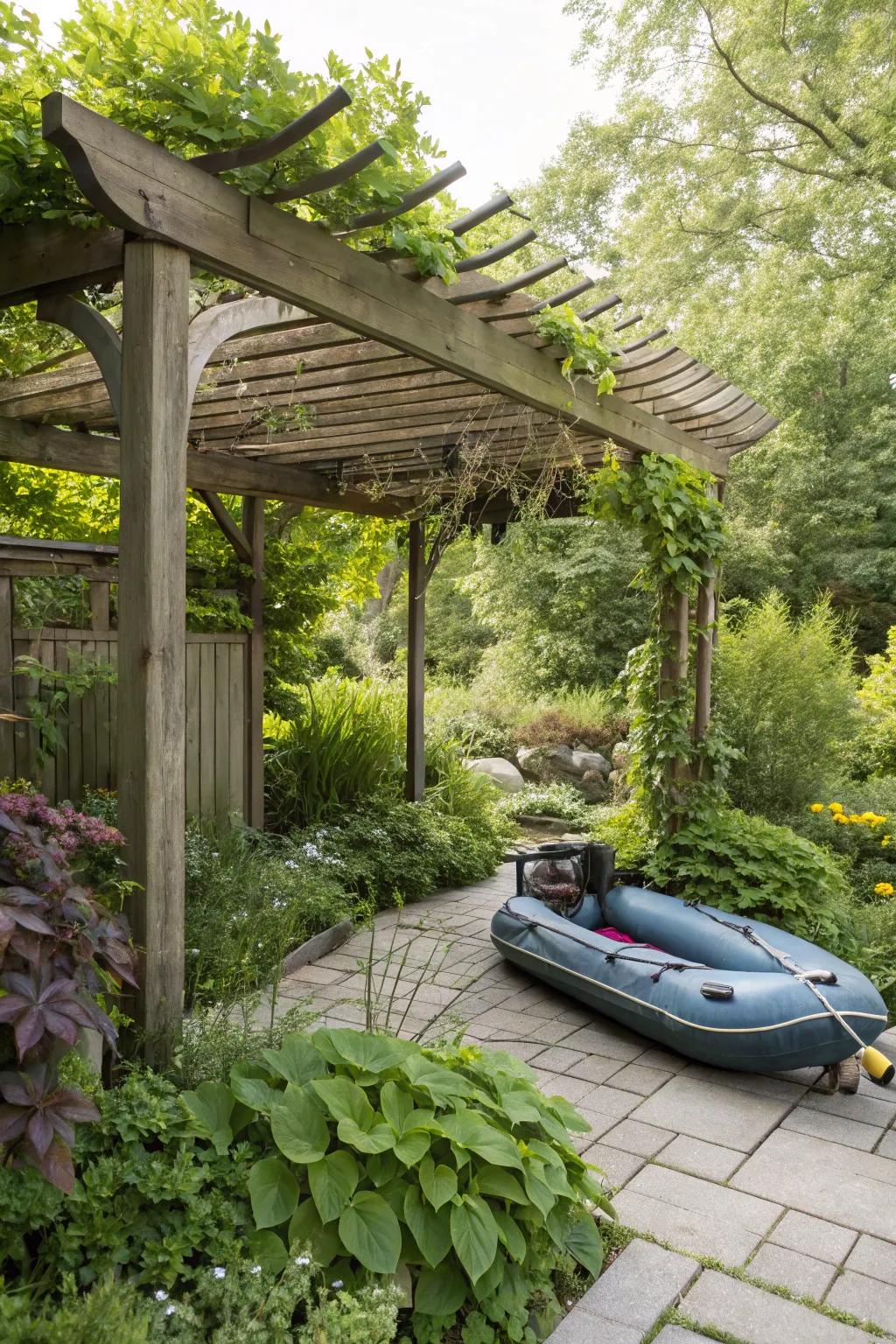 A pergola gives a scenic spot for storing your skiff.