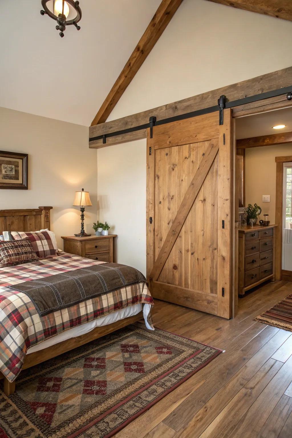 A bedroom featuring a sliding barn door and country furnishings.