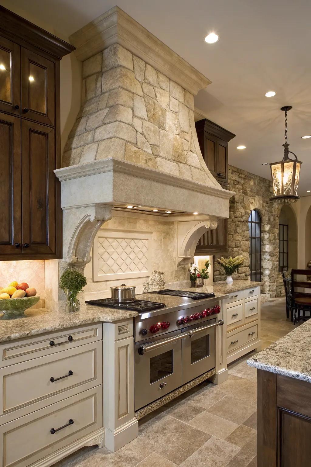 Natural stone range hood exudes elegance and luxury.