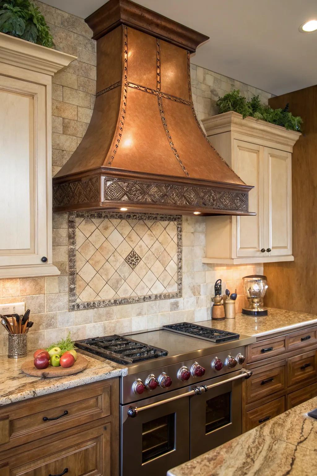 Kitchen design with a copper range hood and earthy tile backsplash for a warm, inviting feel.