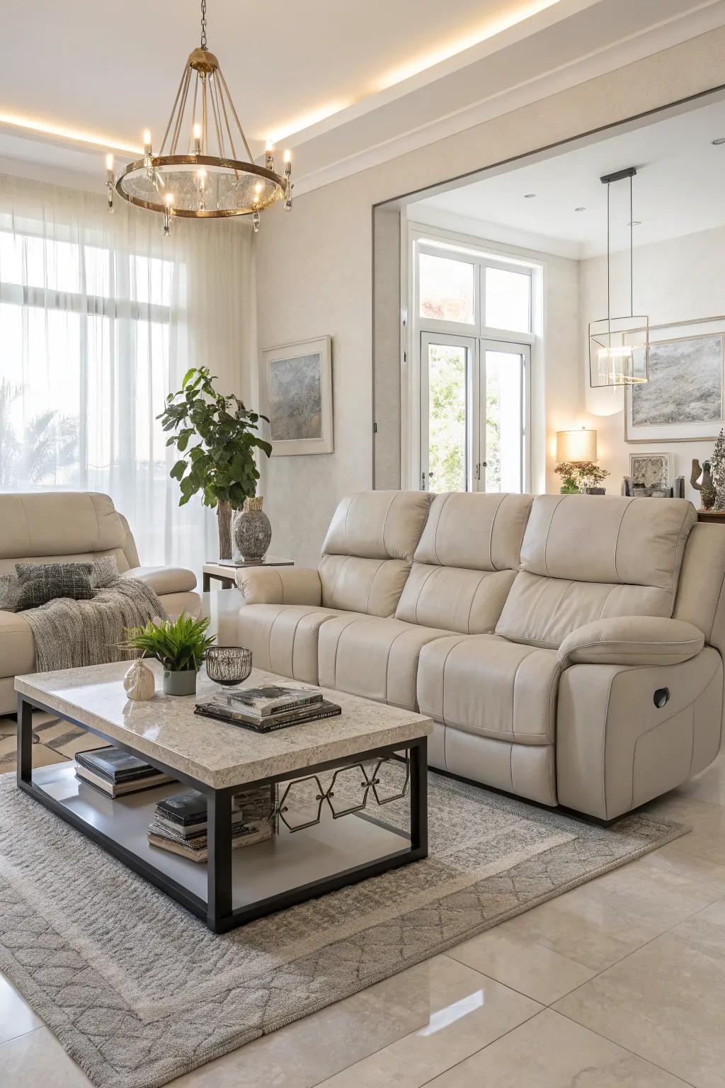 A streamlined living room featuring a recliner sofa and a contemporary center table.